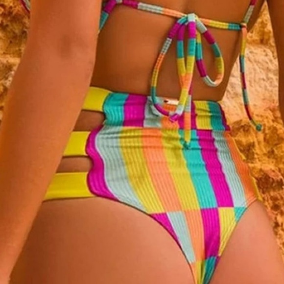 Chic Ribbed Cutout High Waist Slide Triangle Brazilian Two Piece Bikini Small - Picture 7 of 12